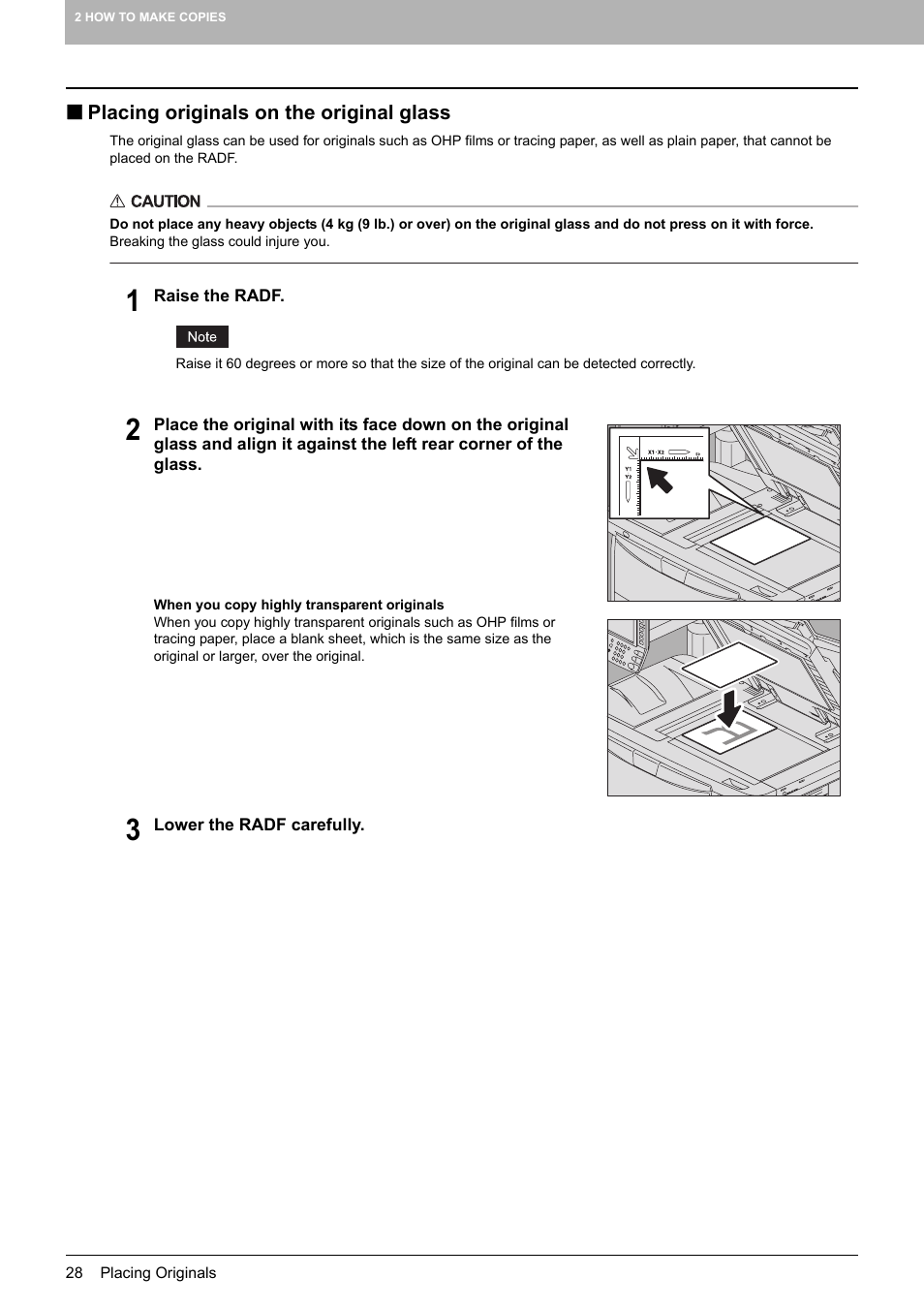 Placing originals on the original glass | Toshiba MULTIFUNCTIONAL DIGITAL COLOR SYSTEMS 6520C User Manual | Page 30 / 210