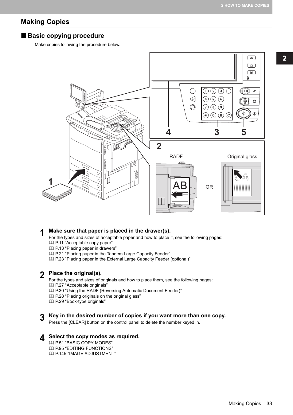 Making copies, Basic copying procedure | Toshiba MULTIFUNCTIONAL DIGITAL COLOR SYSTEMS 6520C User Manual | Page 35 / 210