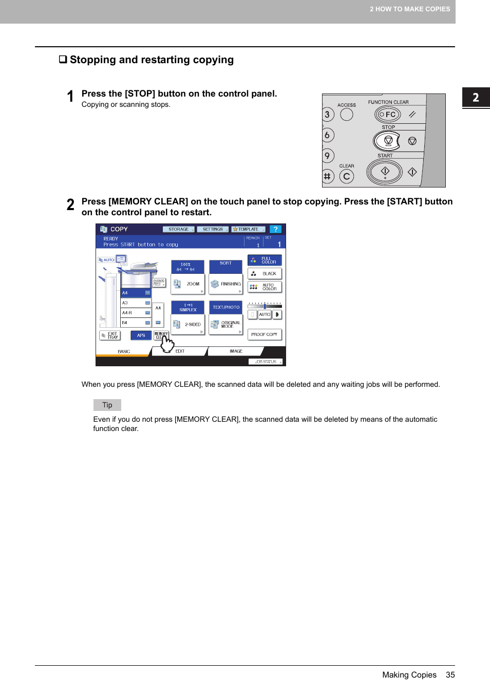 Stopping and restarting copying | Toshiba MULTIFUNCTIONAL DIGITAL COLOR SYSTEMS 6520C User Manual | Page 37 / 210
