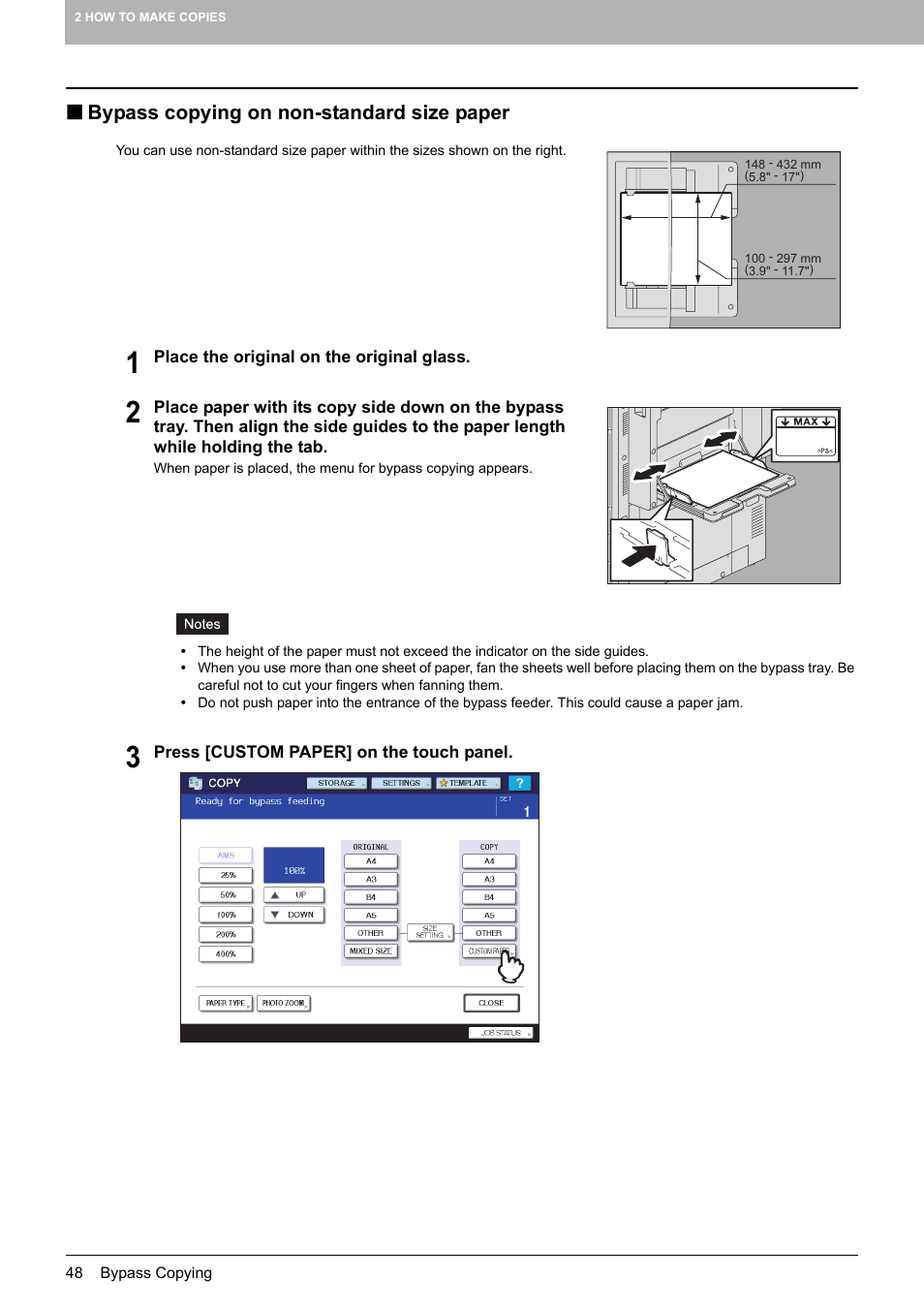 Bypass copying on non-standard size paper, P.48 “bypass copying on non-standard size paper | Toshiba MULTIFUNCTIONAL DIGITAL COLOR SYSTEMS 6520C User Manual | Page 50 / 210