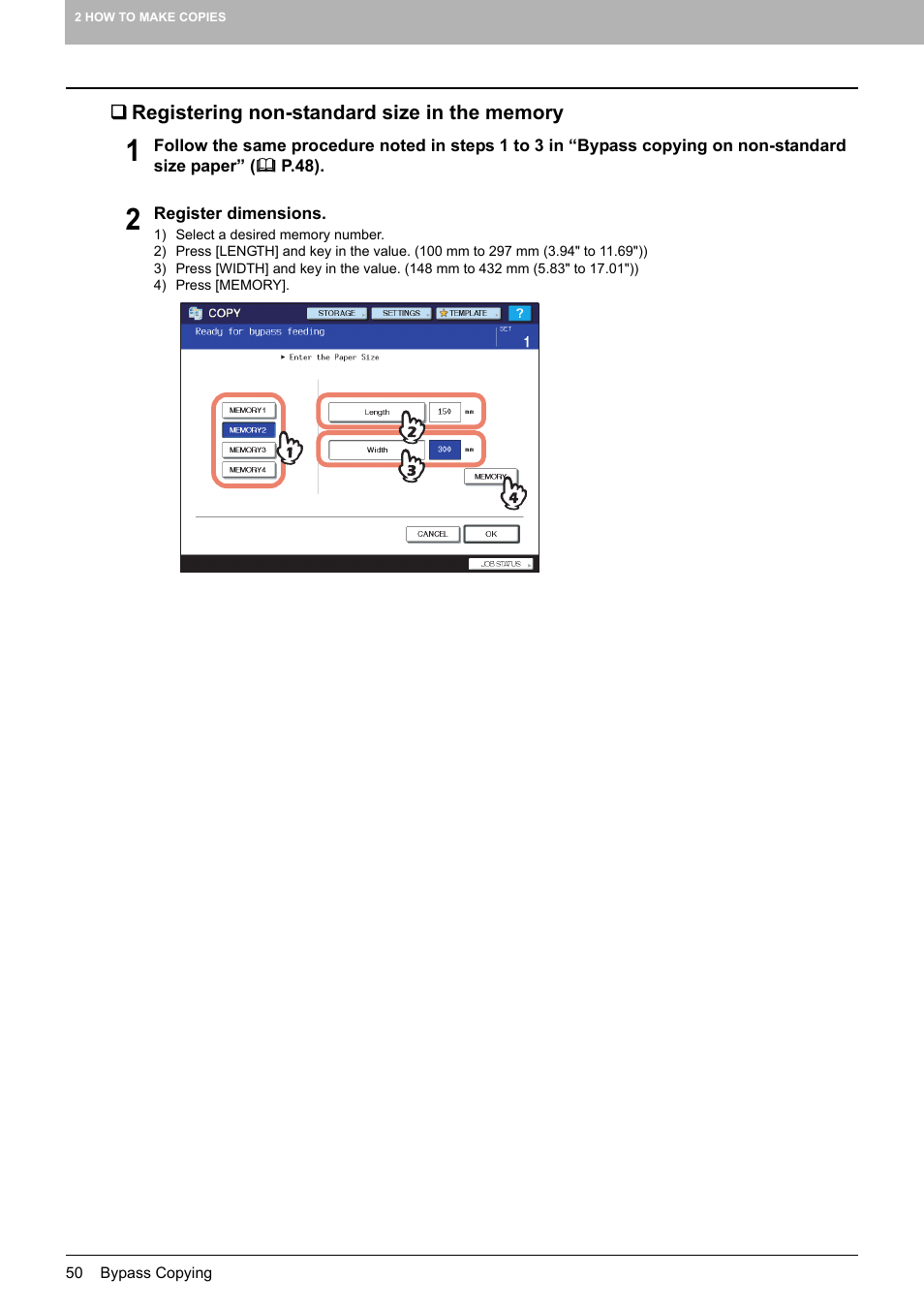 Registering non-standard size in the memory | Toshiba MULTIFUNCTIONAL DIGITAL COLOR SYSTEMS 6520C User Manual | Page 52 / 210