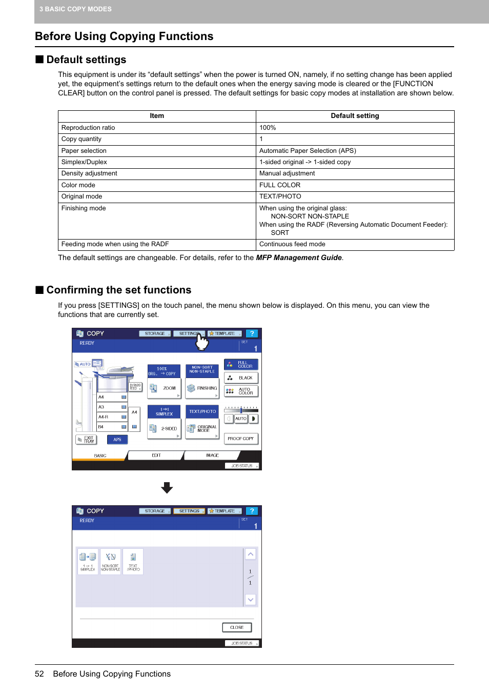 Before using copying functions, Default settings, Confirming the set functions | Default settings confirming the set functions, P.52) | Toshiba MULTIFUNCTIONAL DIGITAL COLOR SYSTEMS 6520C User Manual | Page 54 / 210