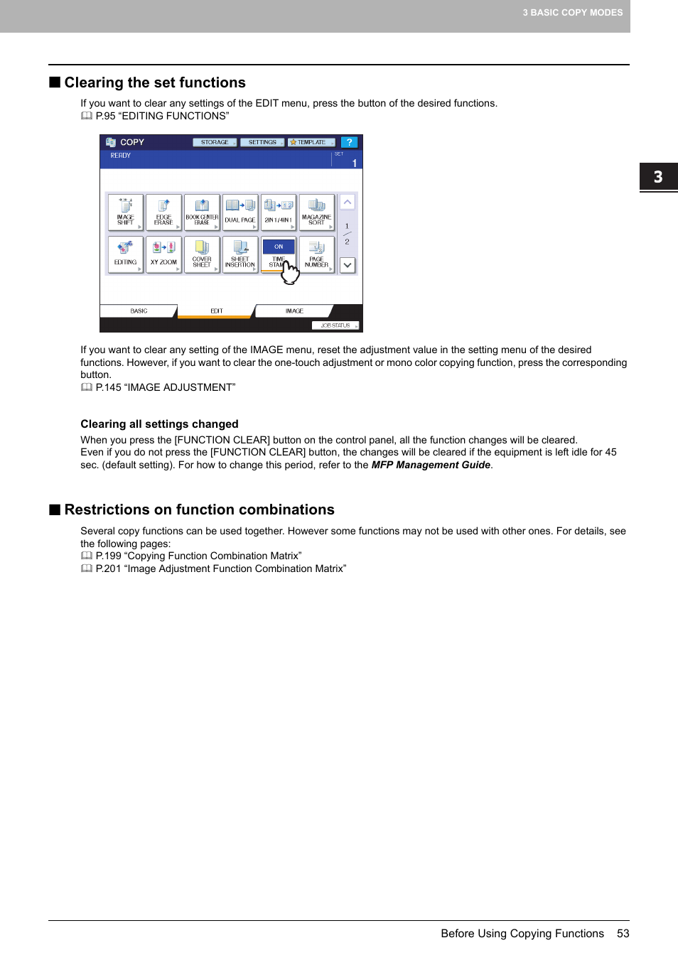 Clearing the set functions, Restrictions on function combinations, P.53 “clearing all settings changed | Toshiba MULTIFUNCTIONAL DIGITAL COLOR SYSTEMS 6520C User Manual | Page 55 / 210