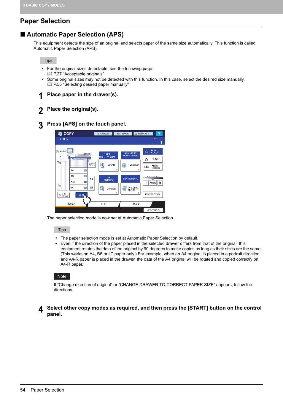 Paper selection, Automatic paper selection (aps), P.54 | Toshiba MULTIFUNCTIONAL DIGITAL COLOR SYSTEMS 6520C User Manual | Page 56 / 210