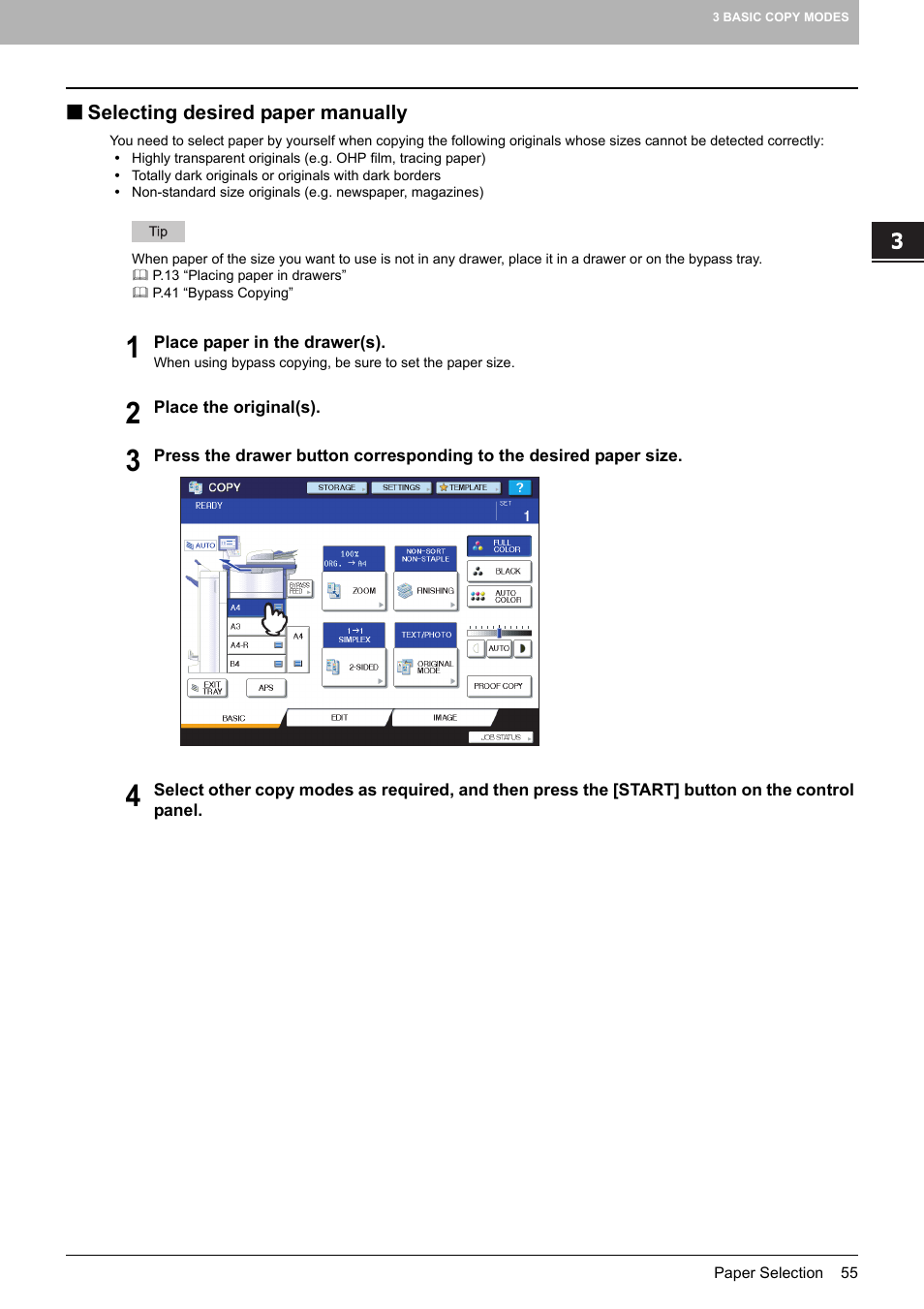 Selecting desired paper manually, P.55), P.55 “selecting desired paper manually | Toshiba MULTIFUNCTIONAL DIGITAL COLOR SYSTEMS 6520C User Manual | Page 57 / 210