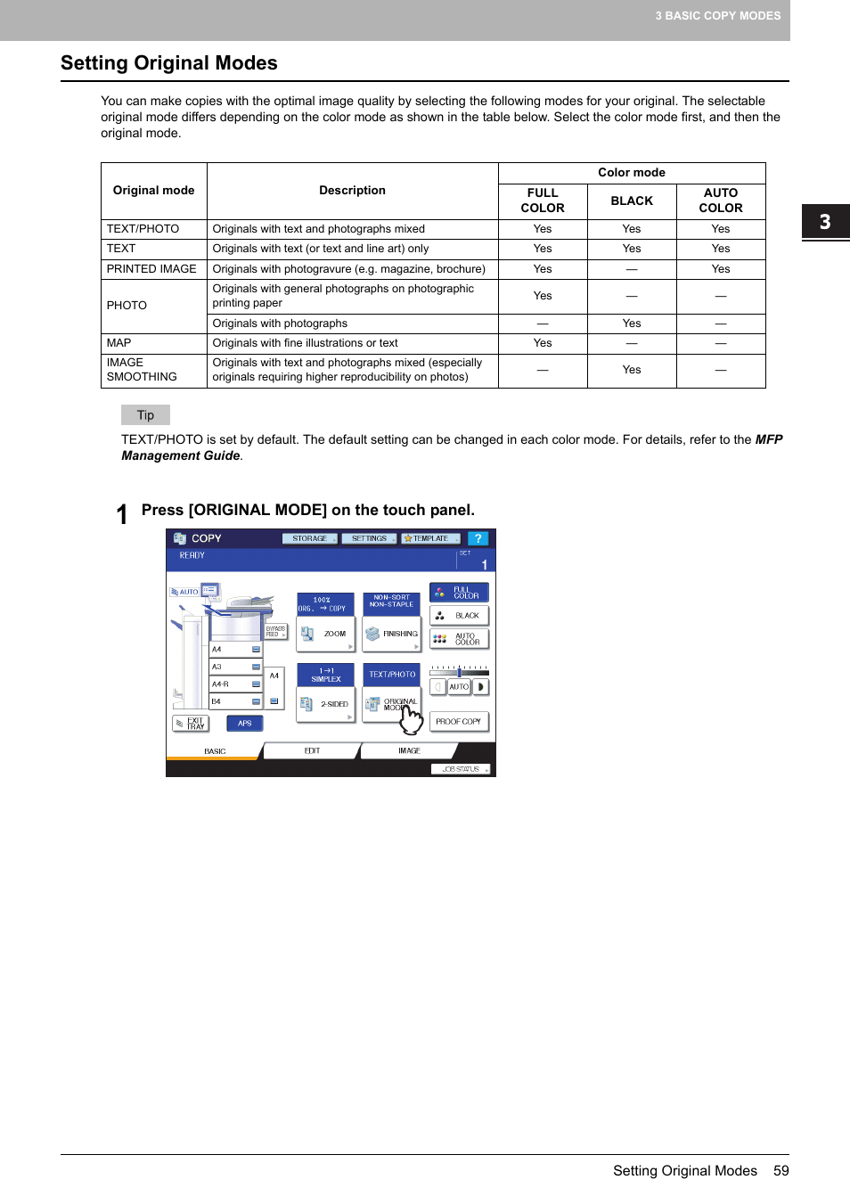 Setting original modes, P.59), Press [original mode] on the touch panel | Toshiba MULTIFUNCTIONAL DIGITAL COLOR SYSTEMS 6520C User Manual | Page 61 / 210