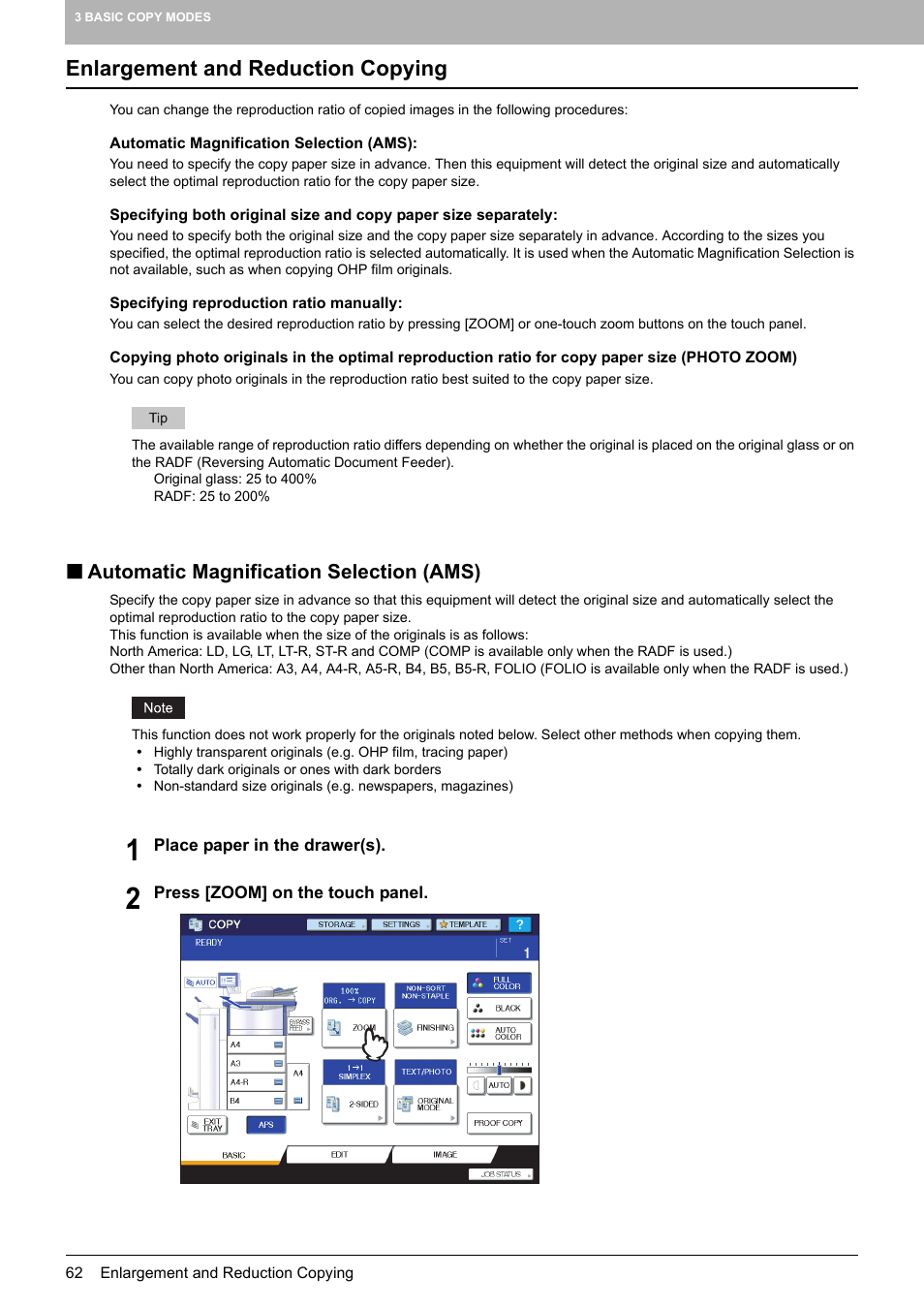 Enlargement and reduction copying, Automatic magnification selection (ams), P.62) | Toshiba MULTIFUNCTIONAL DIGITAL COLOR SYSTEMS 6520C User Manual | Page 64 / 210