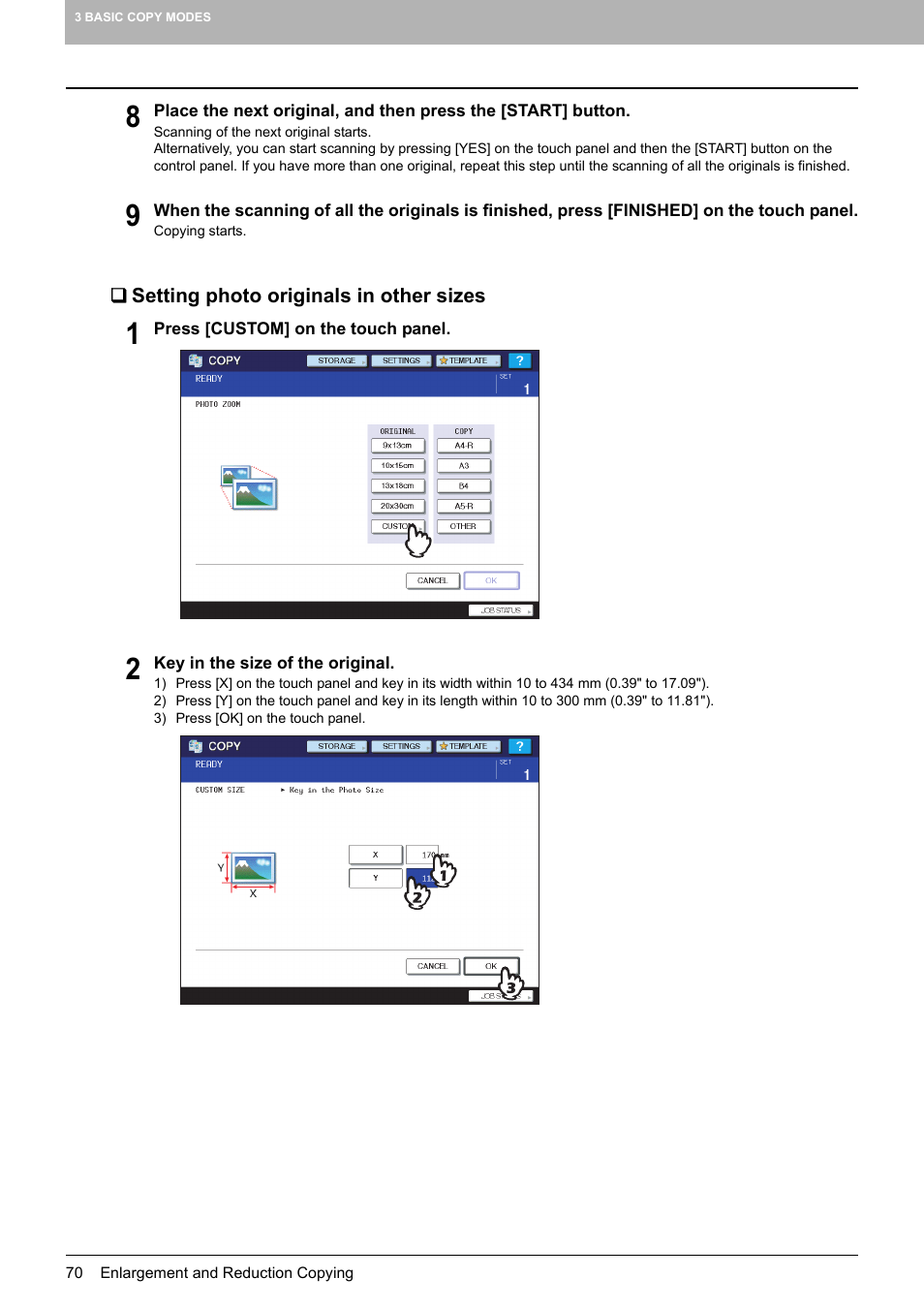 Setting photo originals in other sizes, P.70 “setting photo originals in other sizes | Toshiba MULTIFUNCTIONAL DIGITAL COLOR SYSTEMS 6520C User Manual | Page 72 / 210