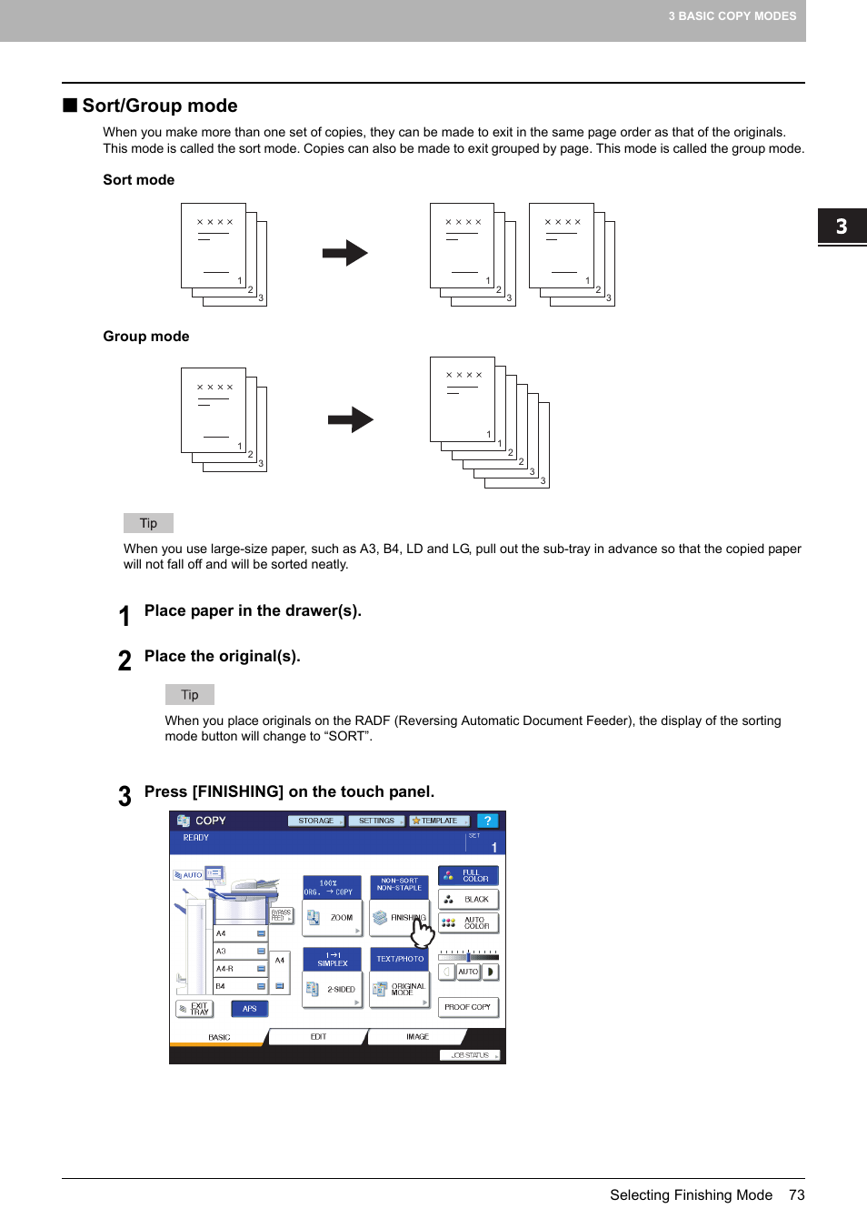 Sort/group mode, P.73), P.73 | Toshiba MULTIFUNCTIONAL DIGITAL COLOR SYSTEMS 6520C User Manual | Page 75 / 210