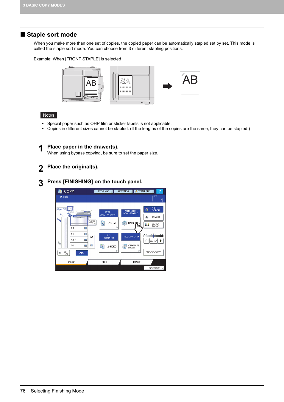 Staple sort mode, Aple sort ( p.76) | Toshiba MULTIFUNCTIONAL DIGITAL COLOR SYSTEMS 6520C User Manual | Page 78 / 210