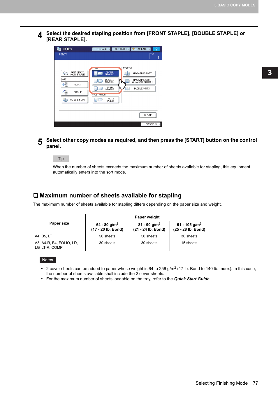 Maximum number of sheets available for stapling | Toshiba MULTIFUNCTIONAL DIGITAL COLOR SYSTEMS 6520C User Manual | Page 79 / 210