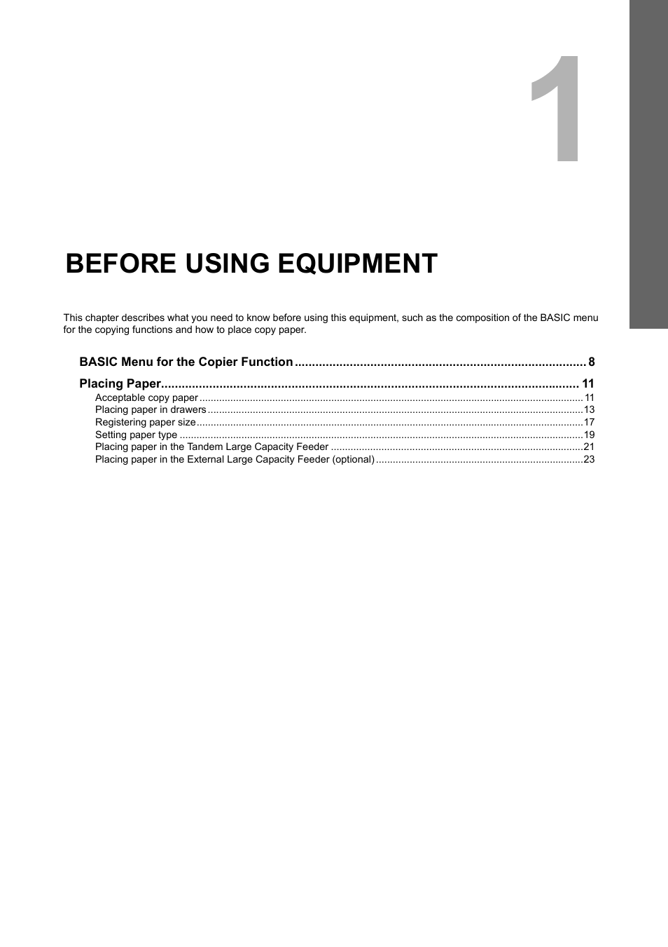 Before using equipment, Chapter 1 | Toshiba MULTIFUNCTIONAL DIGITAL COLOR SYSTEMS 6520C User Manual | Page 9 / 210