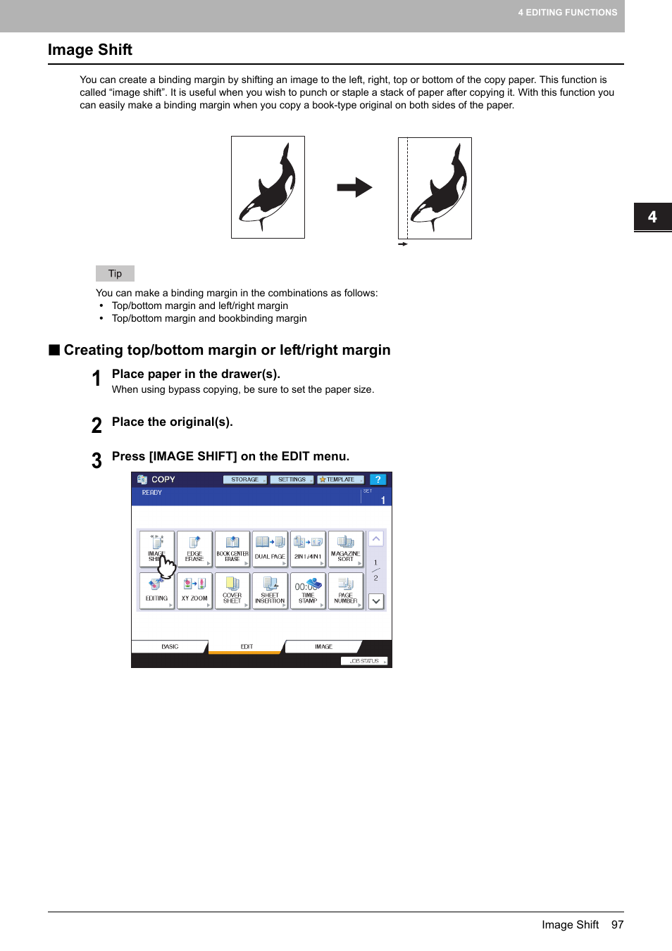 Image shift, Creating top/bottom margin or left/right margin | Toshiba MULTIFUNCTIONAL DIGITAL COLOR SYSTEMS 6520C User Manual | Page 99 / 210