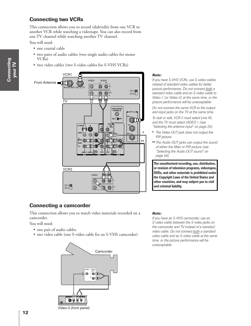 Two vcrs / camcorder, Connecting two vcrs, Connecting a camcorder | The video out jack does not output the pip picture, Vcr1 from antenna tv, Camcorder video-3 (front panel) vcr2 | Toshiba TheaterView 43H72 User Manual | Page 12 / 56