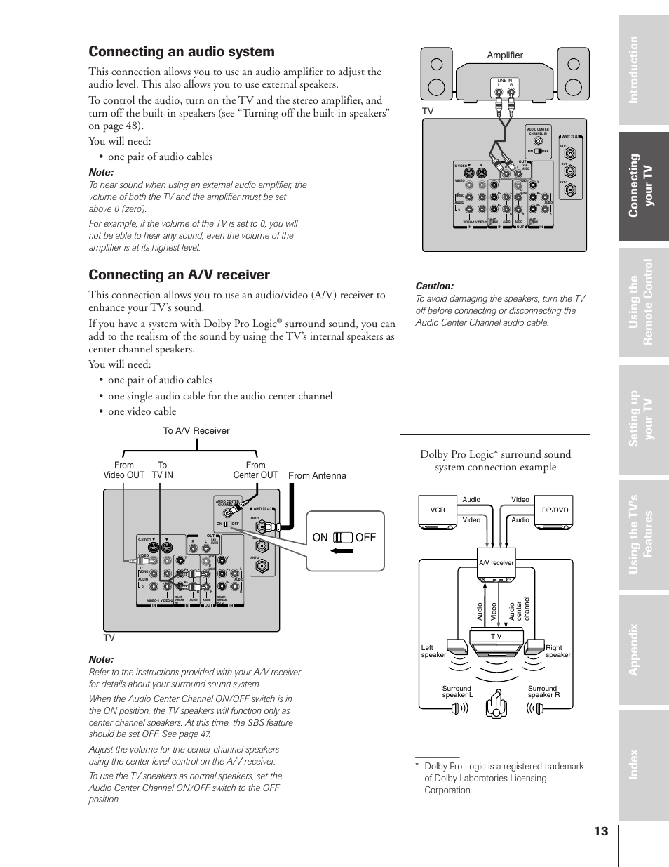 Audio system / a/v receiver, Connecting an audio system, Connecting an a/v receiver | On off | Toshiba TheaterView 43H72 User Manual | Page 13 / 56