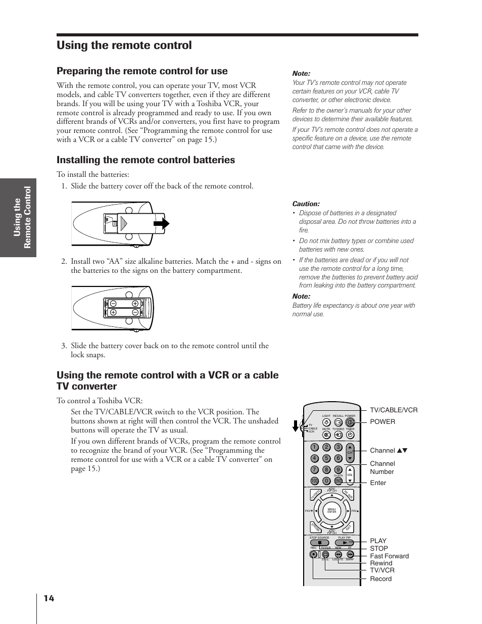 Using the remote control, Preparing the remote control for use, Installing the remote control batteries | Toshiba TheaterView 43H72 User Manual | Page 14 / 56