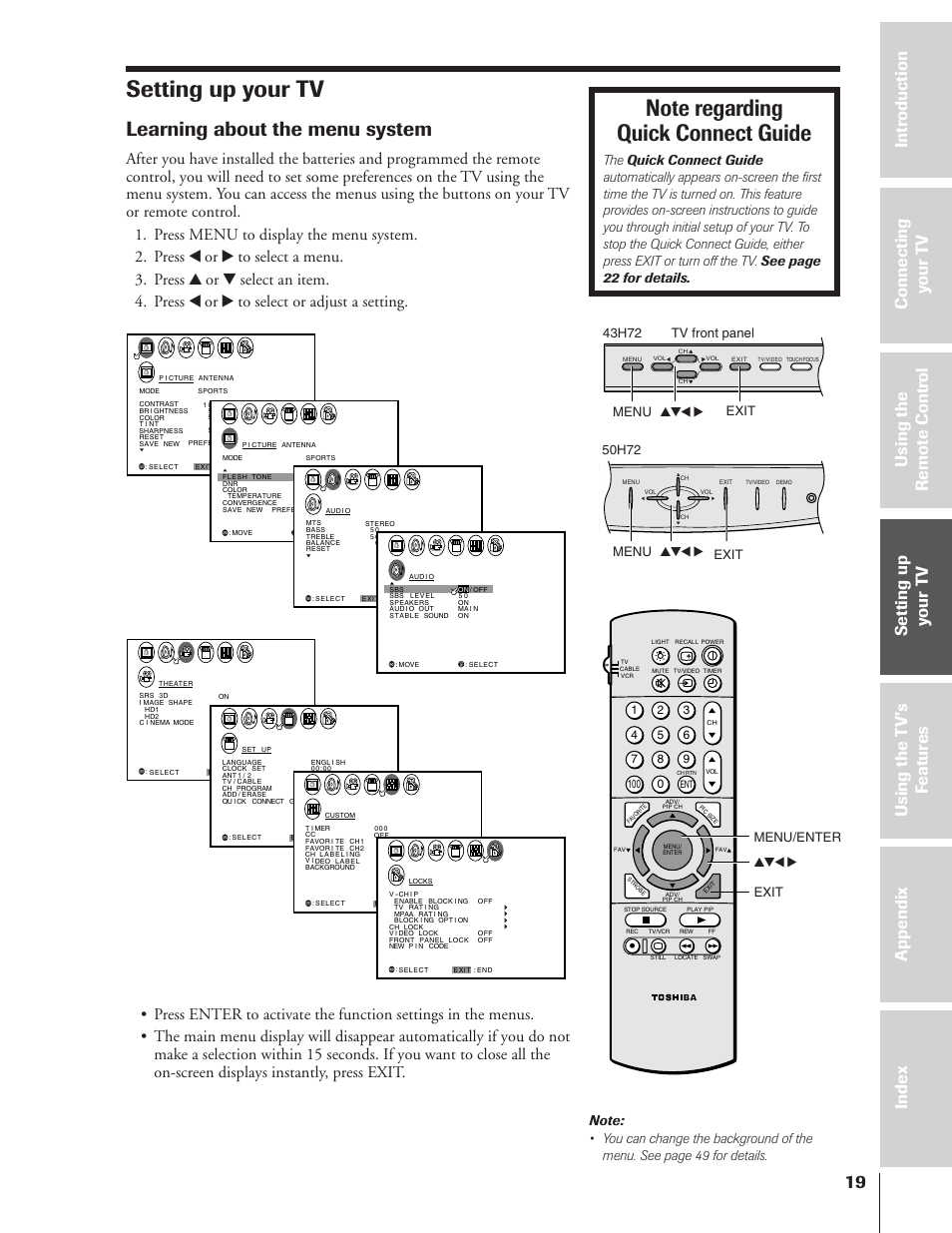 Setting up your tv, Learning about the menu system, Yzx • exit menu/enter | Menu yzx • 43h72 exit, Menu yzx • 50h72 exit tv front panel | Toshiba TheaterView 43H72 User Manual | Page 19 / 56