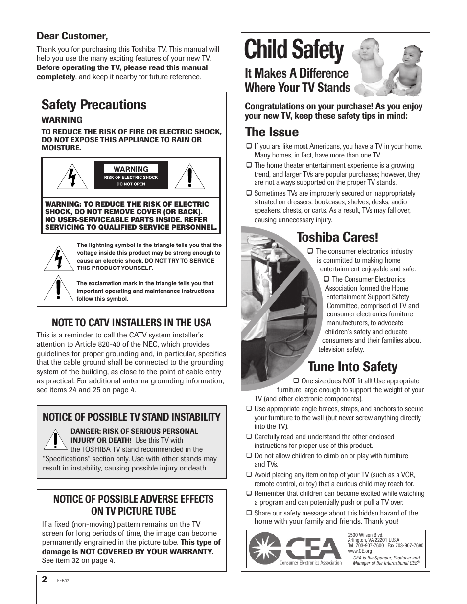 Safety precautions, Child safety, It makes a difference where your tv stands | The issue, Toshiba cares, Tune into safety, Notice of possible tv stand instability | Toshiba TheaterView 43H72 User Manual | Page 2 / 56