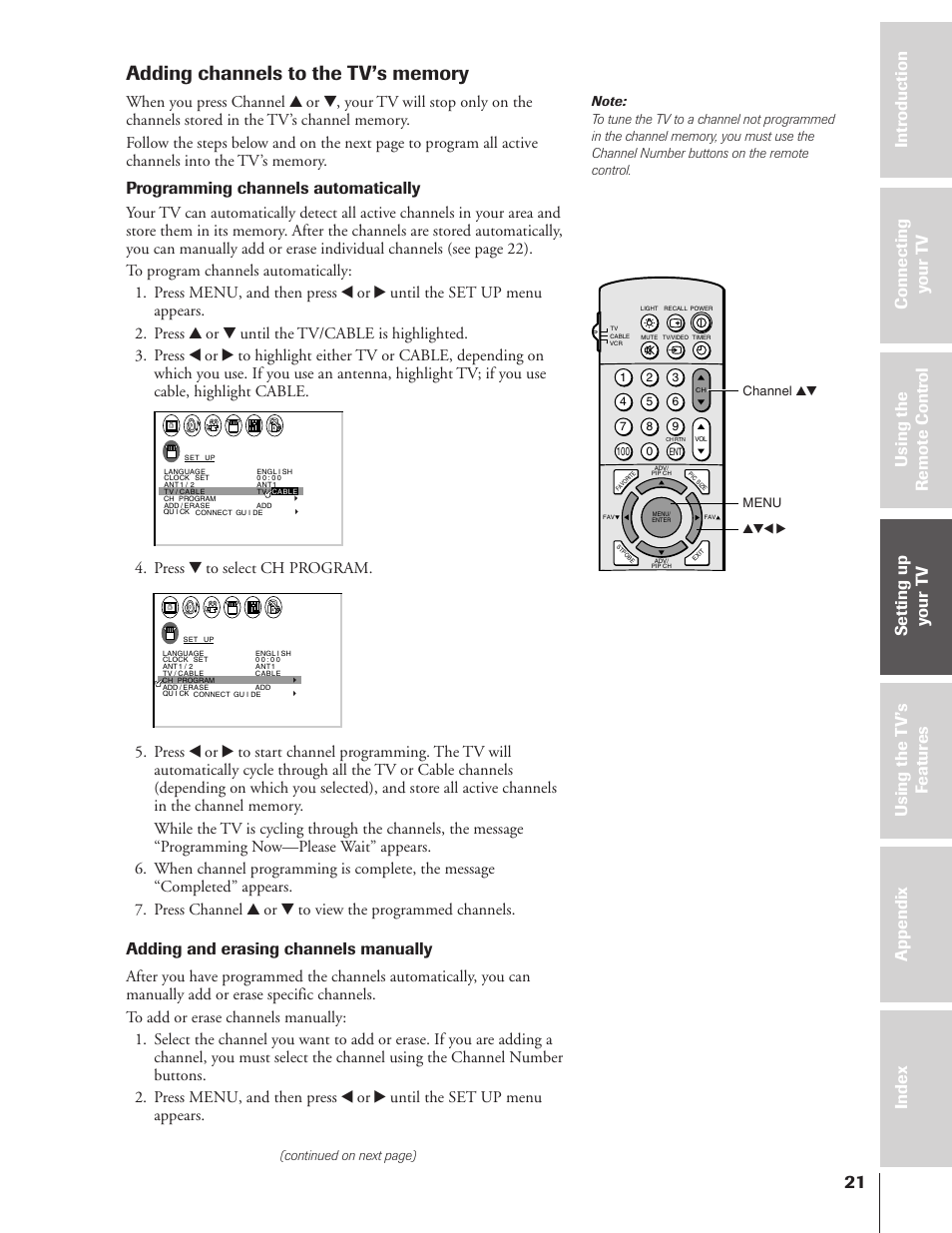 Adding channels to the tv's memory, Programming channels automatically, Adding and erasing channels manually | Press z to select ch program | Toshiba TheaterView 43H72 User Manual | Page 21 / 56