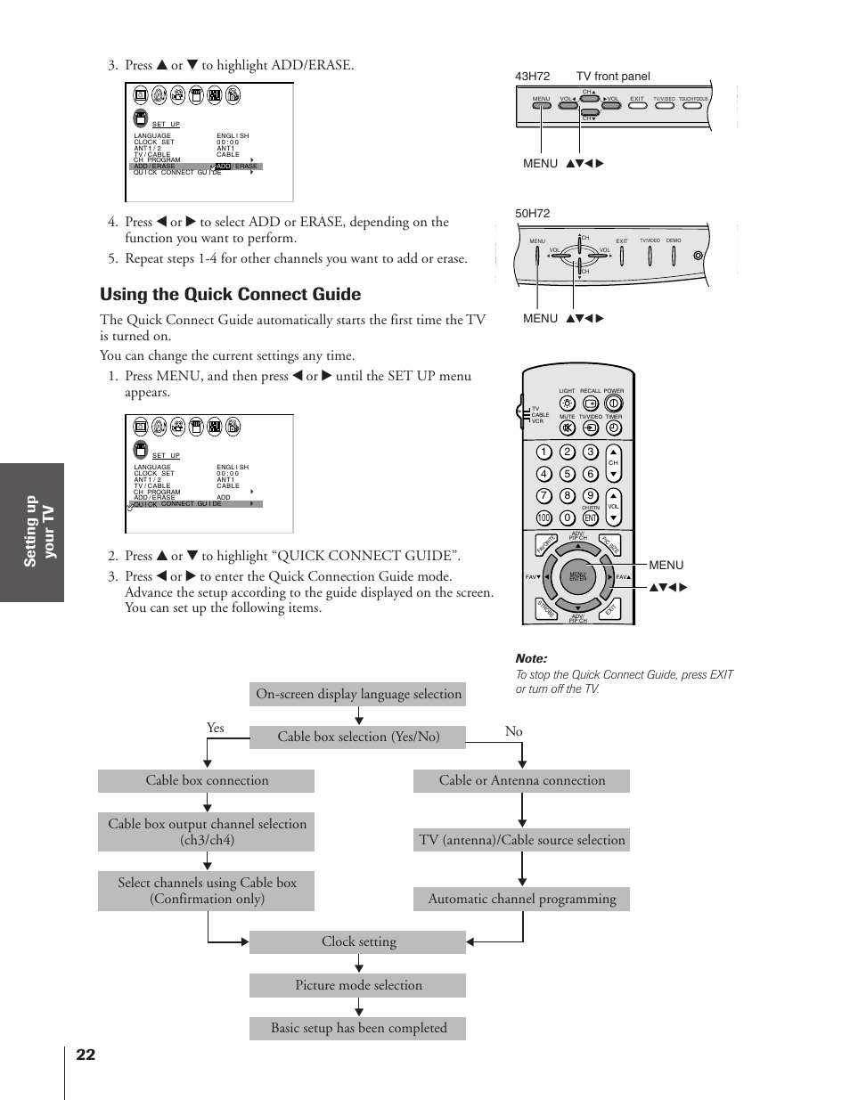 Using the quick connect guide, Press y or z to highlight add/erase, Yes no | Toshiba TheaterView 43H72 User Manual | Page 22 / 56