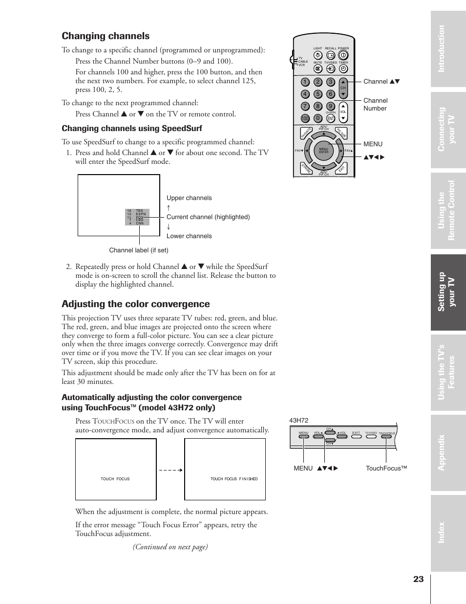 Changing channels, Adjusting the color convergence, Changing channels using speedsurf | Press t, Menu yzx | Toshiba TheaterView 43H72 User Manual | Page 23 / 56