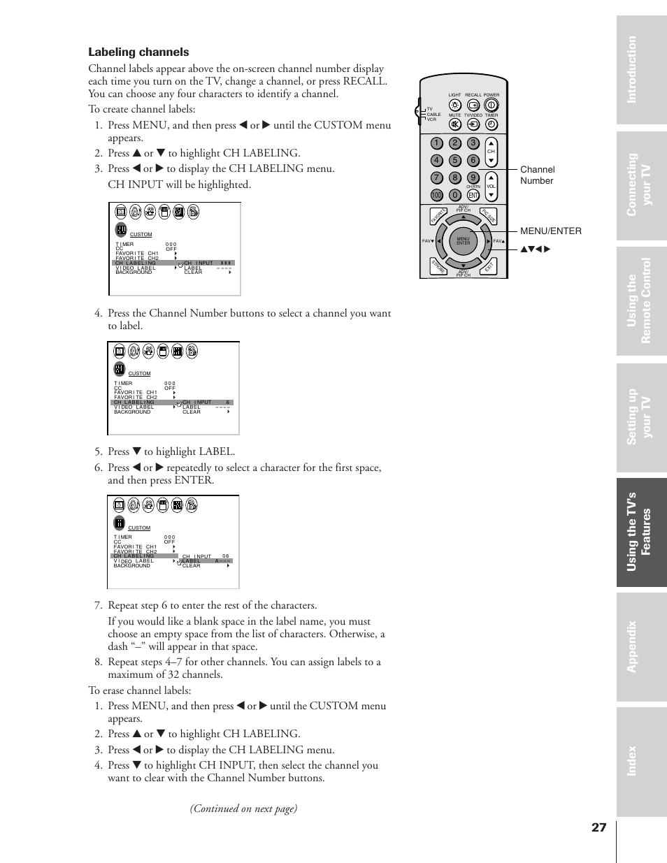 Labeling channels | Toshiba TheaterView 43H72 User Manual | Page 27 / 56