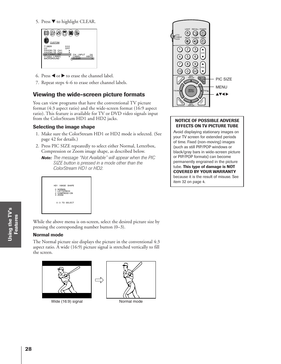 Viewing the wide-screen picture formats, Selecting the image shape, Press z to highlight clear | Toshiba TheaterView 43H72 User Manual | Page 28 / 56