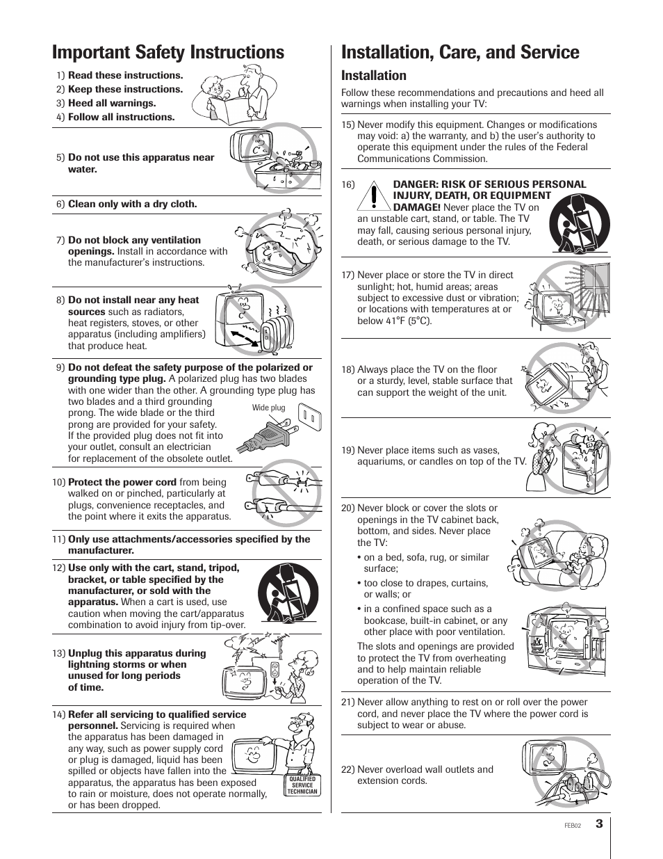 Installation, care, and service, Important safety instructions, Installation | Toshiba TheaterView 43H72 User Manual | Page 3 / 56