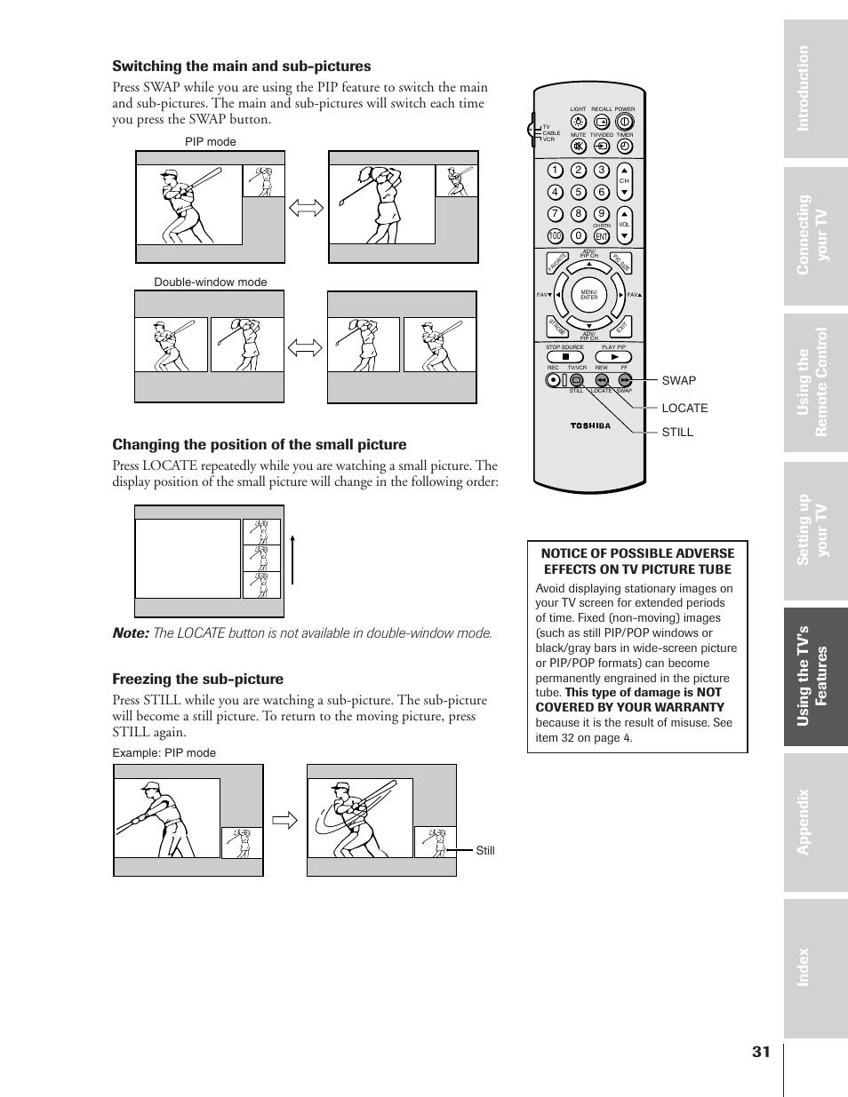 Switching the main and sub-pictures, Changing the position of the small picture, Freezing the sub-picture | Toshiba TheaterView 43H72 User Manual | Page 31 / 56