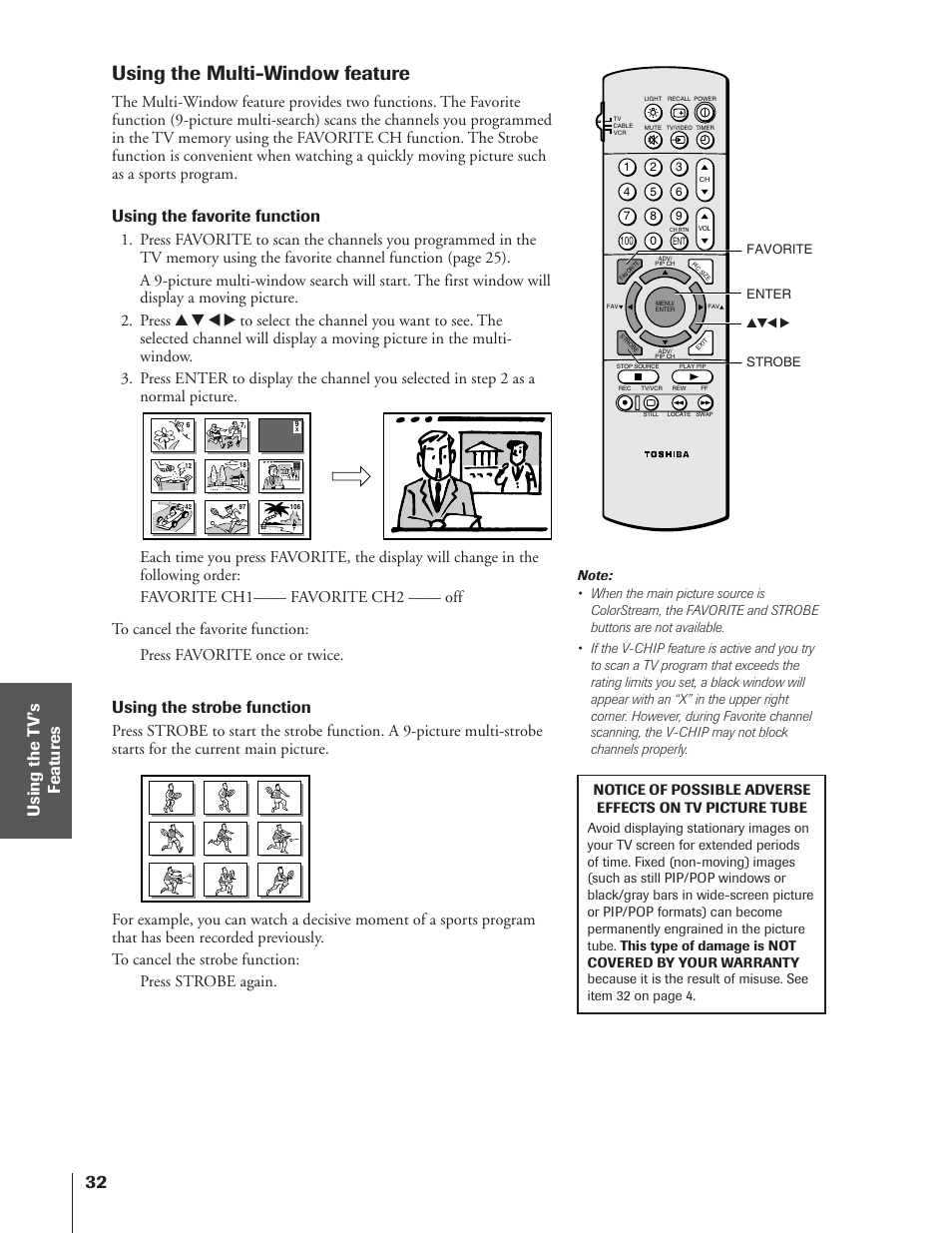 Using the multi-window, Using the multi-window feature, Using the favorite function | Using the strobe function | Toshiba TheaterView 43H72 User Manual | Page 32 / 56