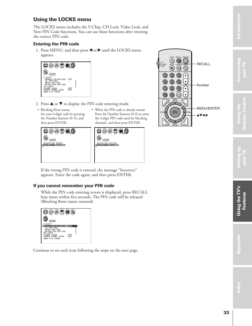 Using the locks menu, Entering the pin code, If you cannot remember your pin code | Press y or z to display the pin code entering mode | Toshiba TheaterView 43H72 User Manual | Page 33 / 56