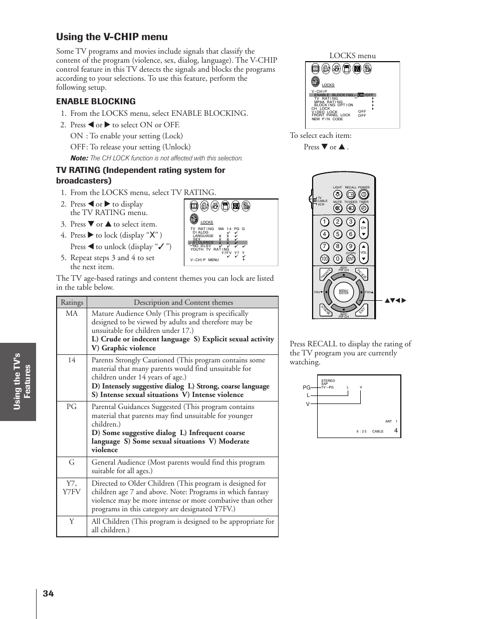 Using v-chip menu, Using the v-chip menu, Enable blocking | Locks menu | Toshiba TheaterView 43H72 User Manual | Page 34 / 56
