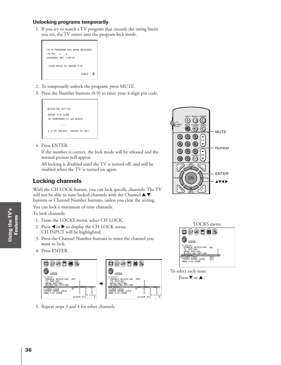 Locking channels, Unlocking programs temporarily, Repeat steps 3 and 4 for other channels | Locks menu, Enter yzx • mute number | Toshiba TheaterView 43H72 User Manual | Page 36 / 56