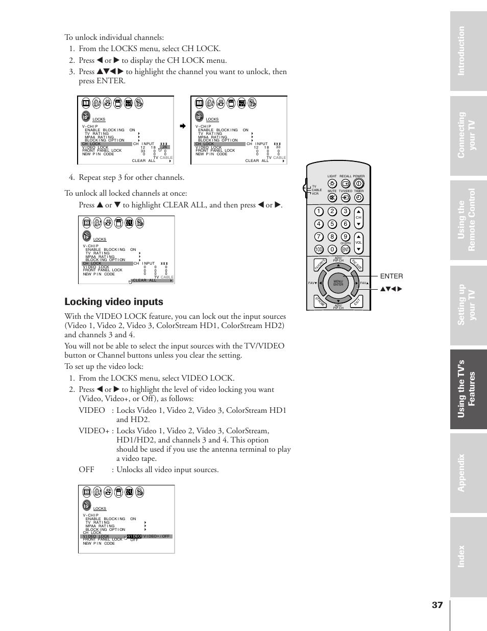 Locking video inputs, Enter yzx | Toshiba TheaterView 43H72 User Manual | Page 37 / 56