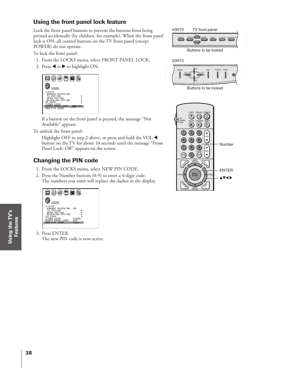 Using the front panel lock / changing pin code, Using the front panel lock feature, Changing the pin code | Press enter. the new pin code is now active | Toshiba TheaterView 43H72 User Manual | Page 38 / 56