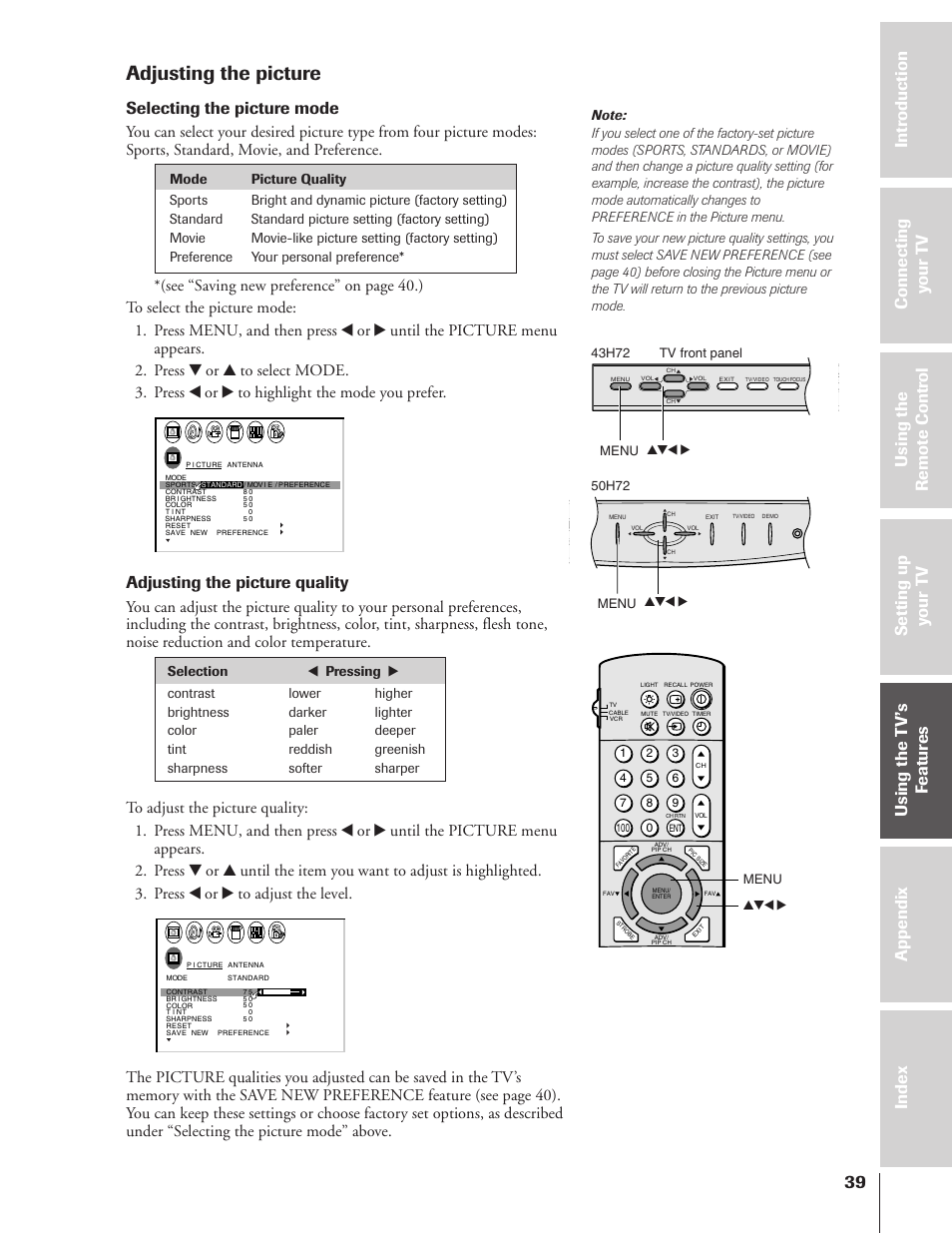 Adjusting the picture, Selecting the picture mode, Adjusting the picture quality | Toshiba TheaterView 43H72 User Manual | Page 39 / 56