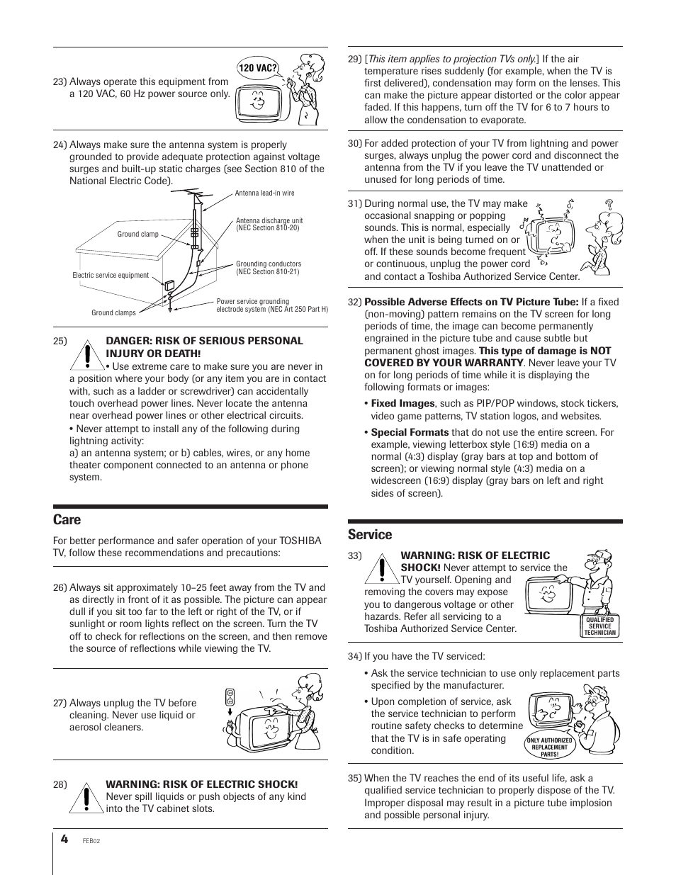 Care, Service | Toshiba TheaterView 43H72 User Manual | Page 4 / 56