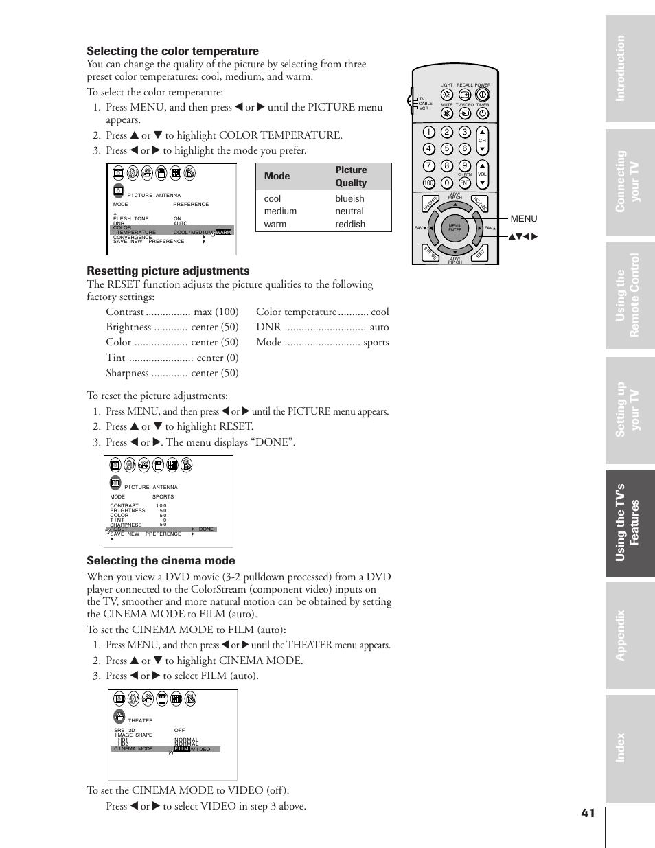 Selecting the color temperature, Resetting picture adjustments, Selecting the cinema mode | Toshiba TheaterView 43H72 User Manual | Page 41 / 56
