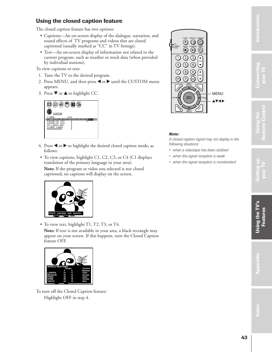 Using closed caption, Using the closed caption feature | Toshiba TheaterView 43H72 User Manual | Page 43 / 56