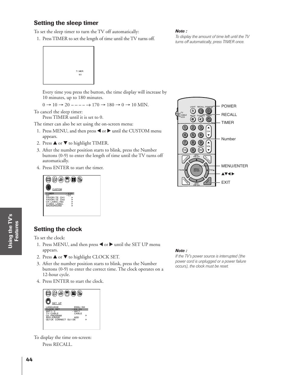 Setting the sleep timer / clock, Setting the sleep timer, Setting the clock | Toshiba TheaterView 43H72 User Manual | Page 44 / 56