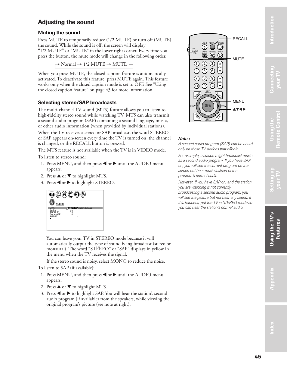 Adjusting the sound, Muting the sound, Selecting stereo/sap broadcasts | Toshiba TheaterView 43H72 User Manual | Page 45 / 56