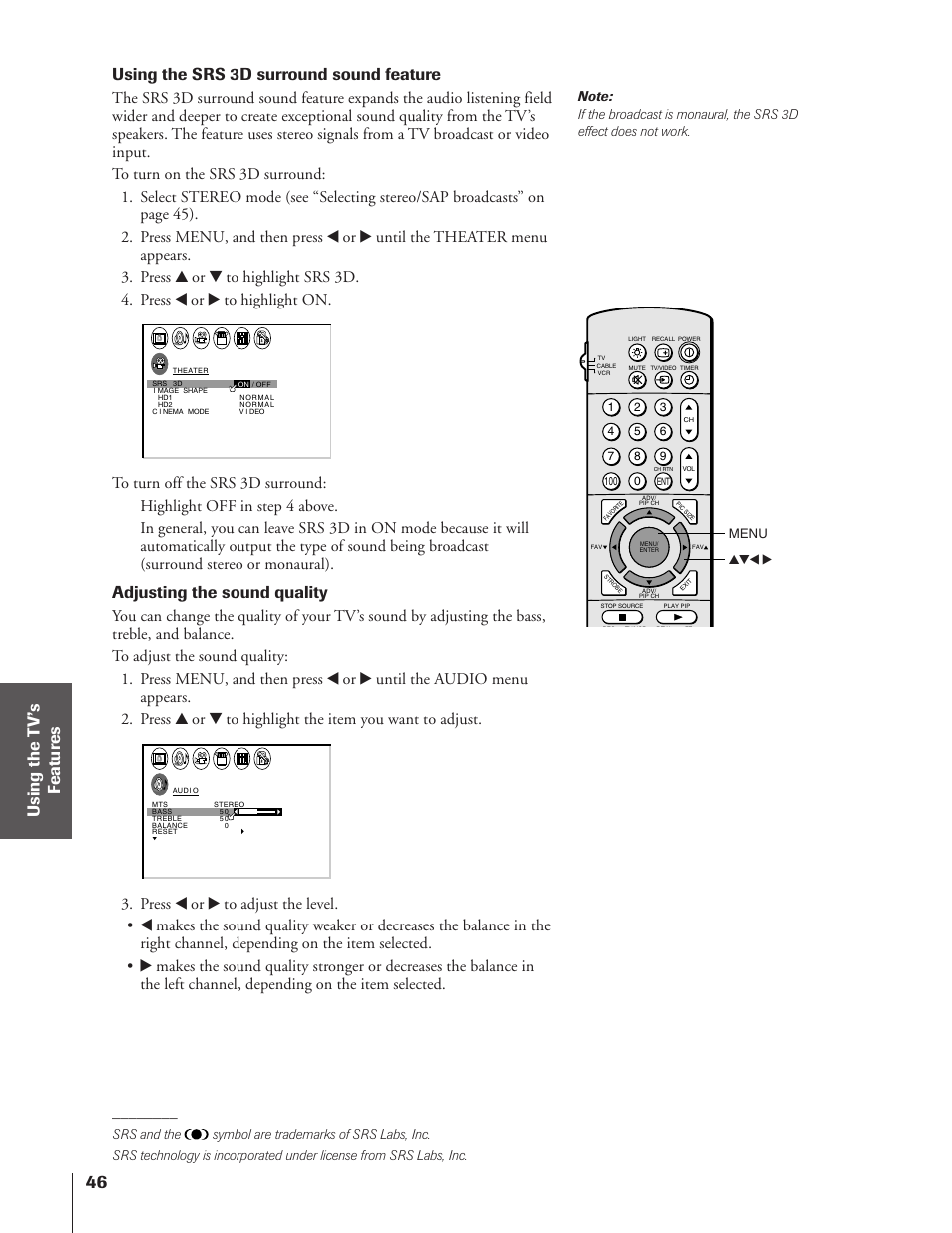 Using the srs 3d surround sound feature, Adjusting the sound quality | Toshiba TheaterView 43H72 User Manual | Page 46 / 56