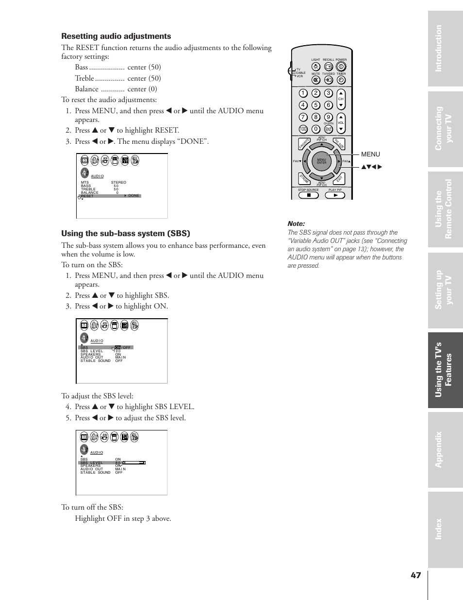 Resetting audio adjustments, Using the sub-bass system (sbs) | Toshiba TheaterView 43H72 User Manual | Page 47 / 56