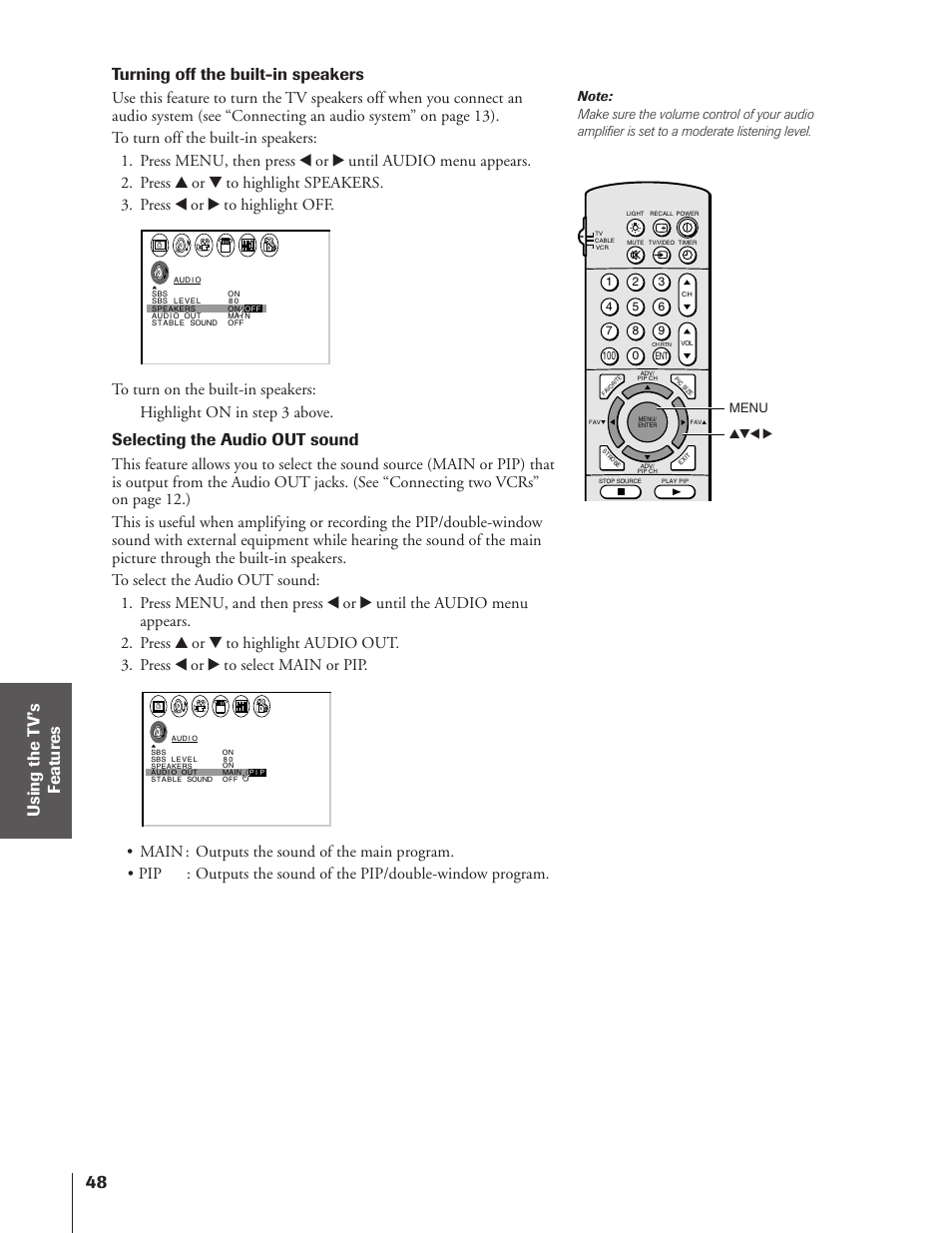 Turning off the built-in speakers, Selecting the audio out sound | Toshiba TheaterView 43H72 User Manual | Page 48 / 56