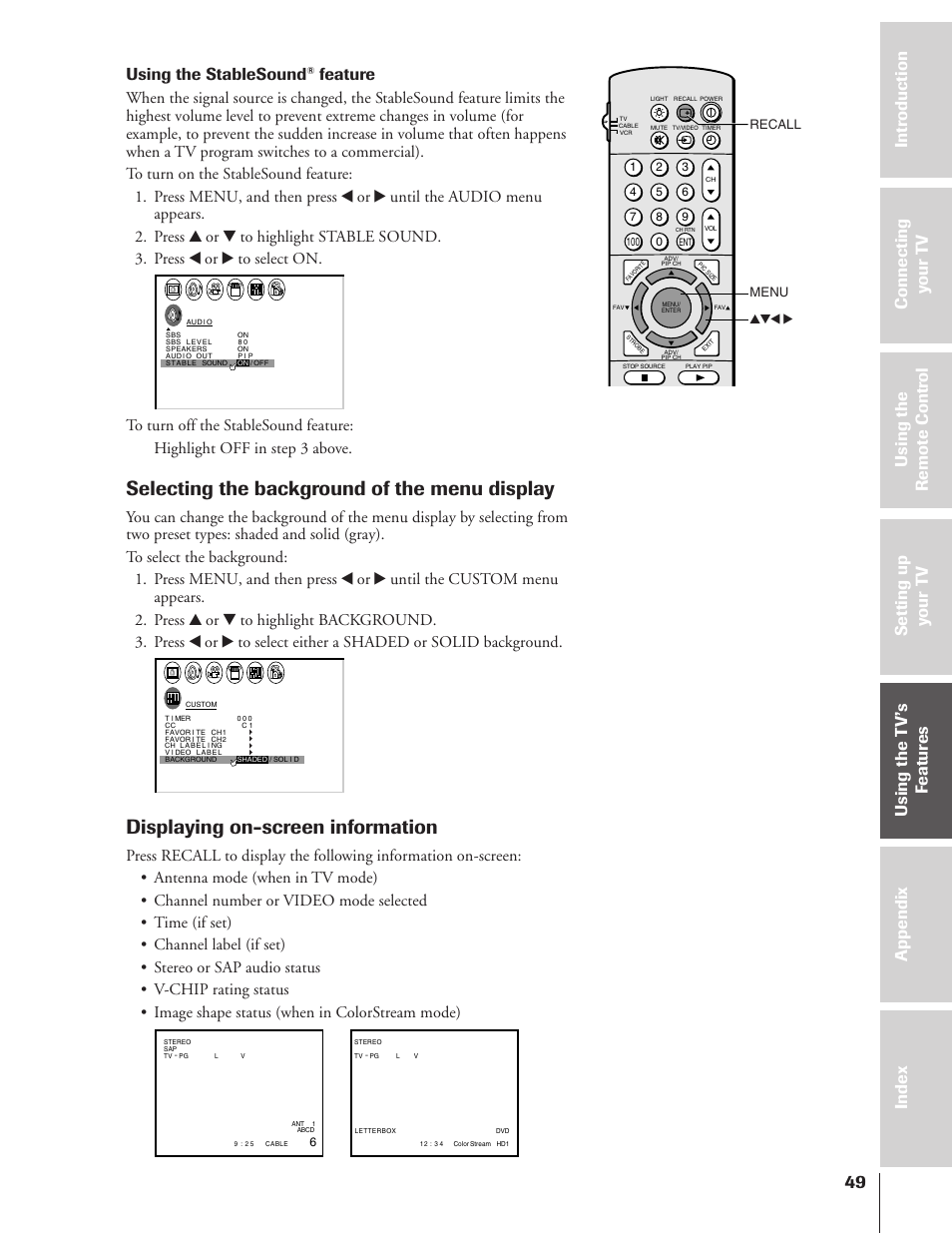 Selecting the background of the menu display, Displaying on-screen information, Using the stablesound | Feature | Toshiba TheaterView 43H72 User Manual | Page 49 / 56