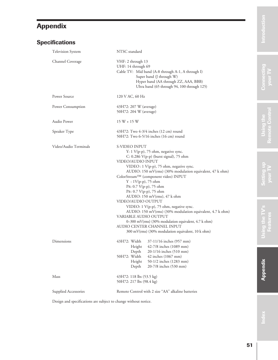 Appendix, Specifications | Toshiba TheaterView 43H72 User Manual | Page 51 / 56