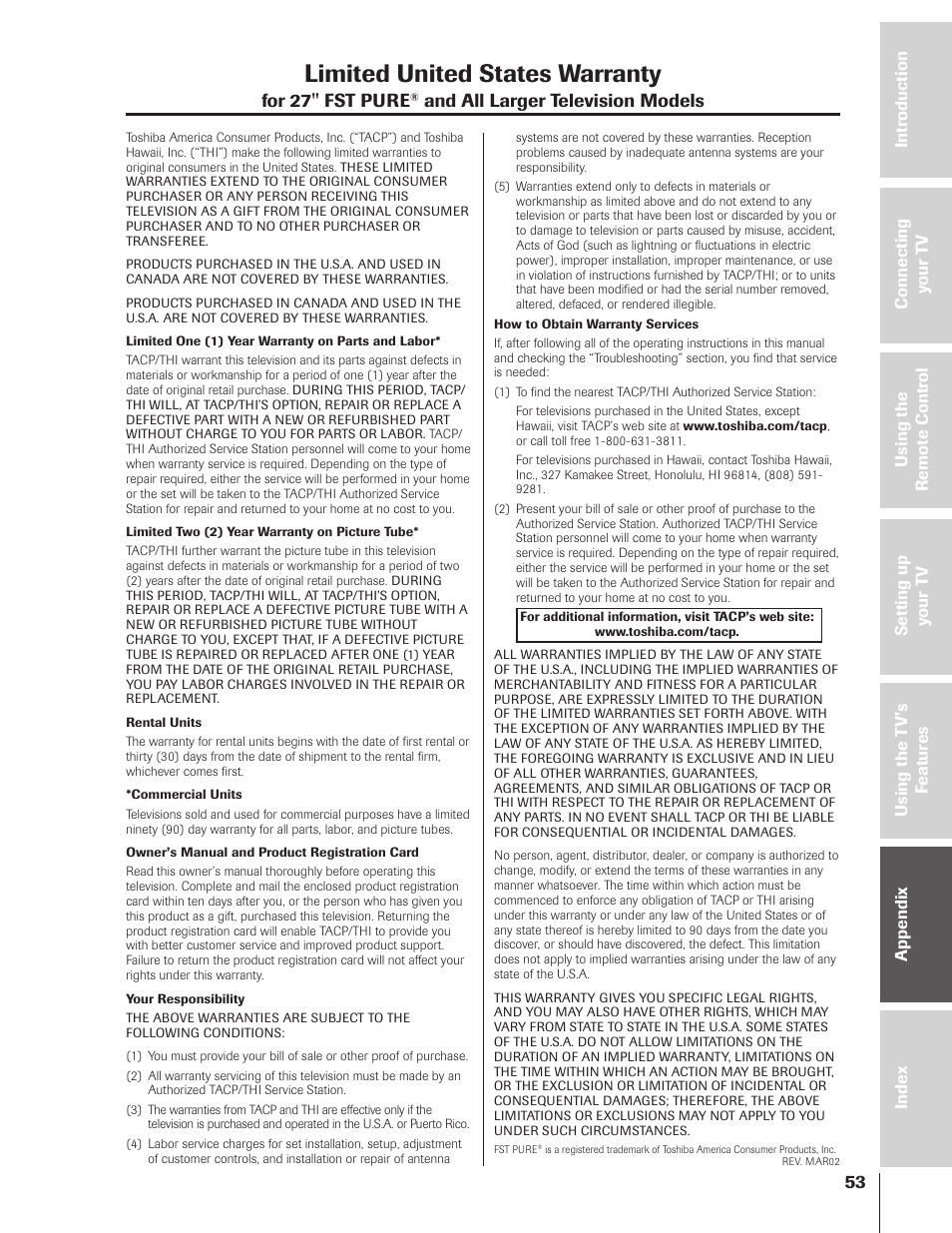 Warranty, Limited united states warranty, For 27'' fst pure | And all larger television models | Toshiba TheaterView 43H72 User Manual | Page 53 / 56