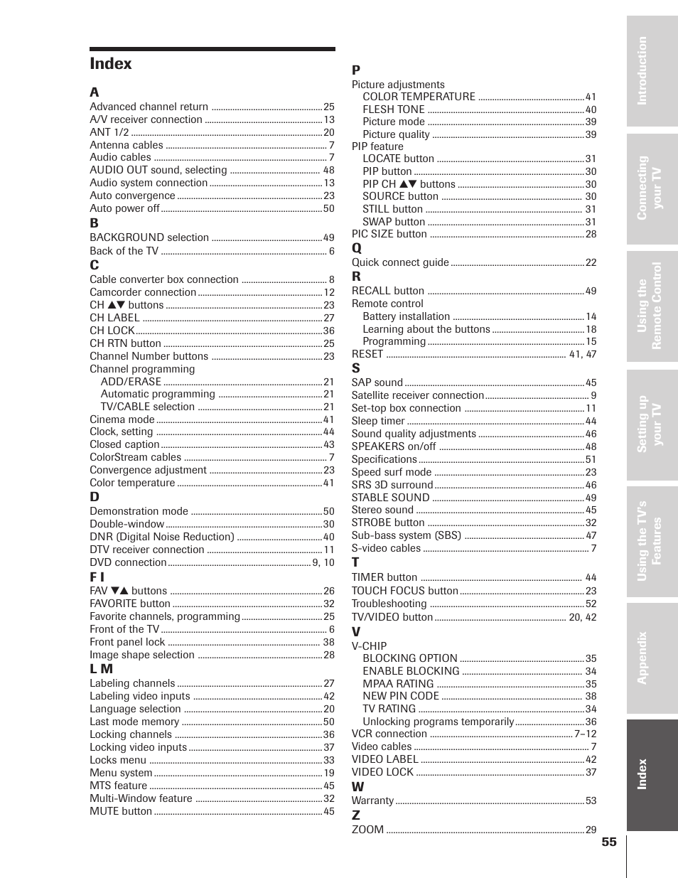 Index | Toshiba TheaterView 43H72 User Manual | Page 55 / 56