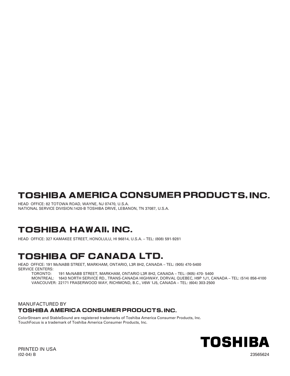 Back cover | Toshiba TheaterView 43H72 User Manual | Page 56 / 56