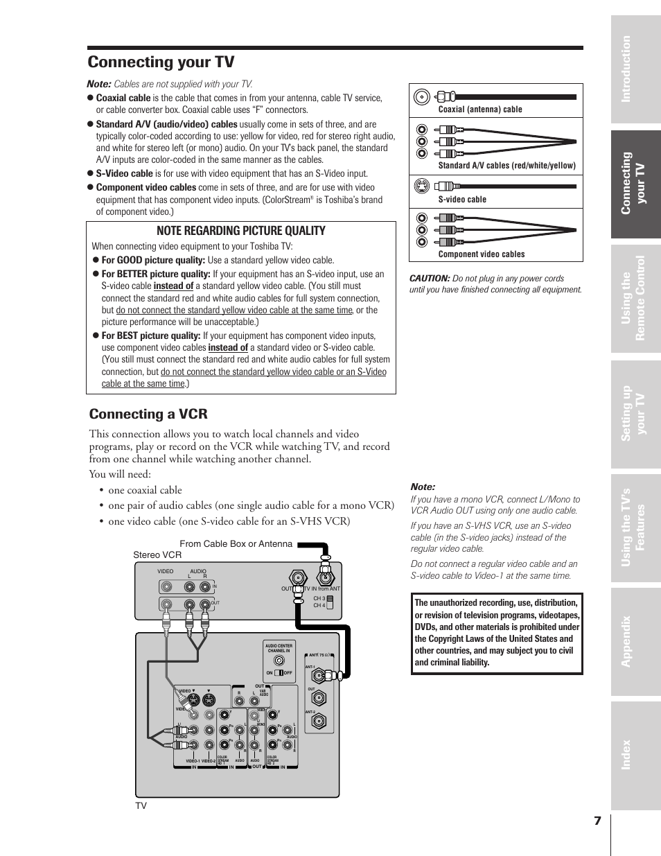 Connecting your tv, Connecting a vcr, Is toshiba’s brand of component video.) | Toshiba TheaterView 43H72 User Manual | Page 7 / 56